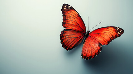 Obraz premium close-up of a striking red butterfly with intricate patterns on its wings, set against a minimalistic gradient background. The image exudes elegance, delicacy, and natural beauty