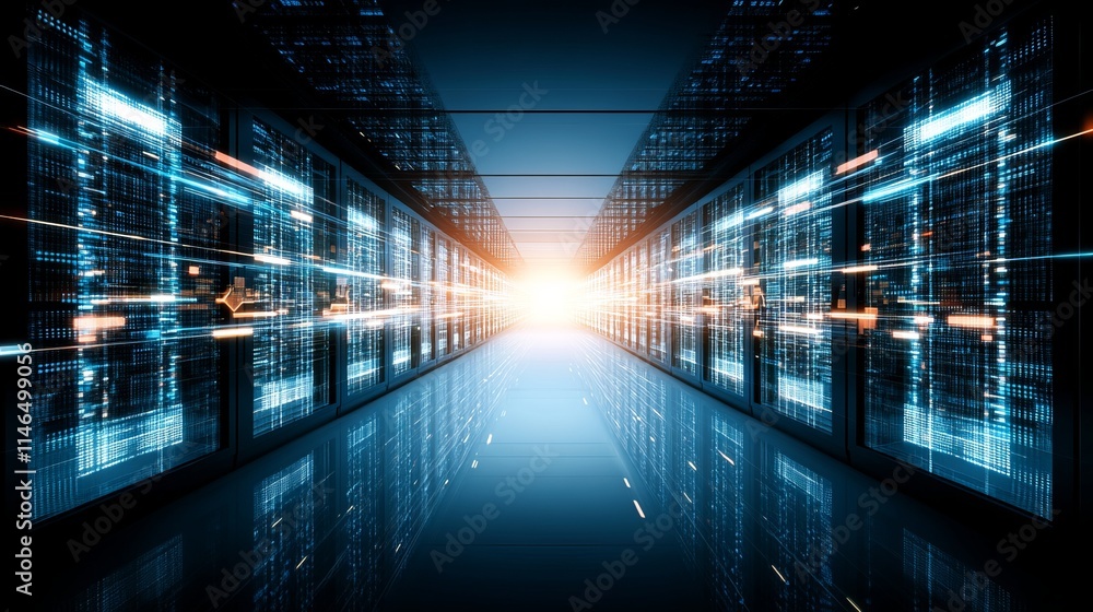 Poster data center corridor infinite digital streams flowing