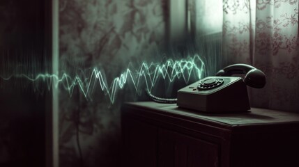 Mysterious Vintage Telephone with Ethereal Sound Waves in a Dimly Lit Room