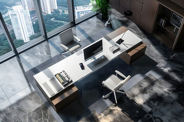 Top view of office interior with work table and pc computer, panoramic window