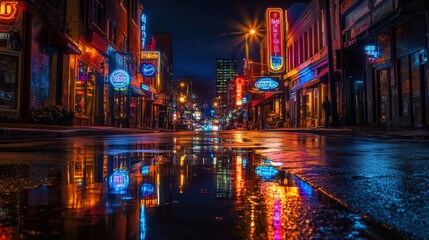 Neon Lights Reflecting In Rainy City Street