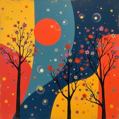 Surreal Landscape with Blooming Trees