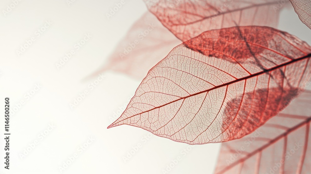 Poster delicate red leaves with intricate veining against a soft, neutral background.