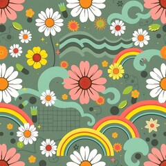 Groovy Retro Floral Pattern: A vibrant and psychedelic seamless pattern featuring daisies, rainbows, wavy lines, and abstract shapes in a retro 70s style.