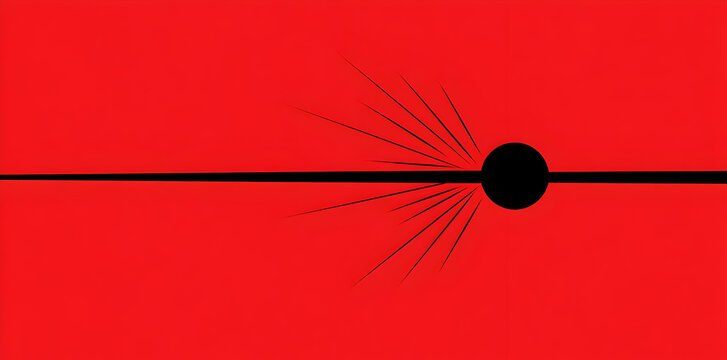 A stark red background features a black circle with rays emanating from it, suggesting energy.