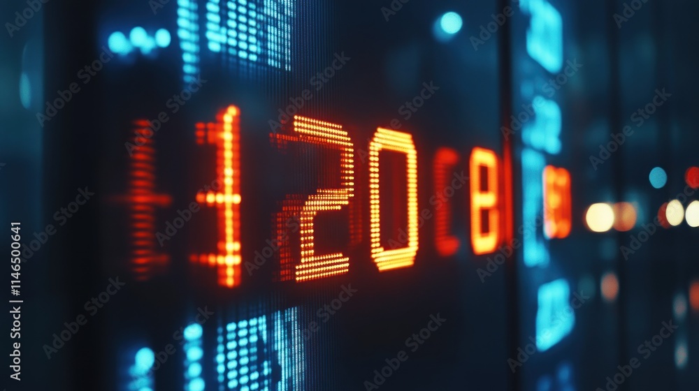Poster digital display showing numerical data, possibly related to finance or technology.