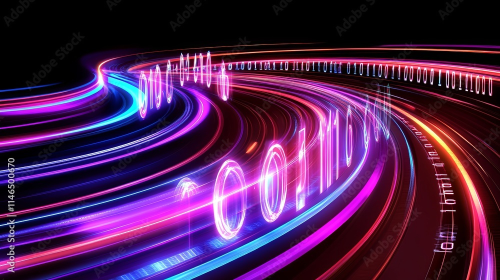 Poster digital data stream abstract neon swirl of binary code