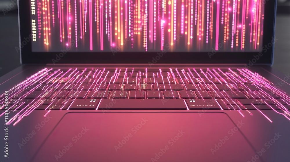 Poster digital data stream flowing across laptop keyboard