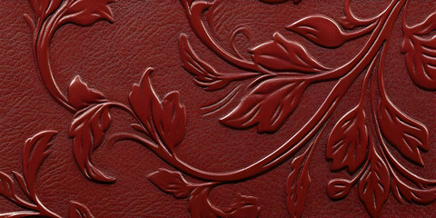 A textured burgundy background featuring embossed floral patterns.