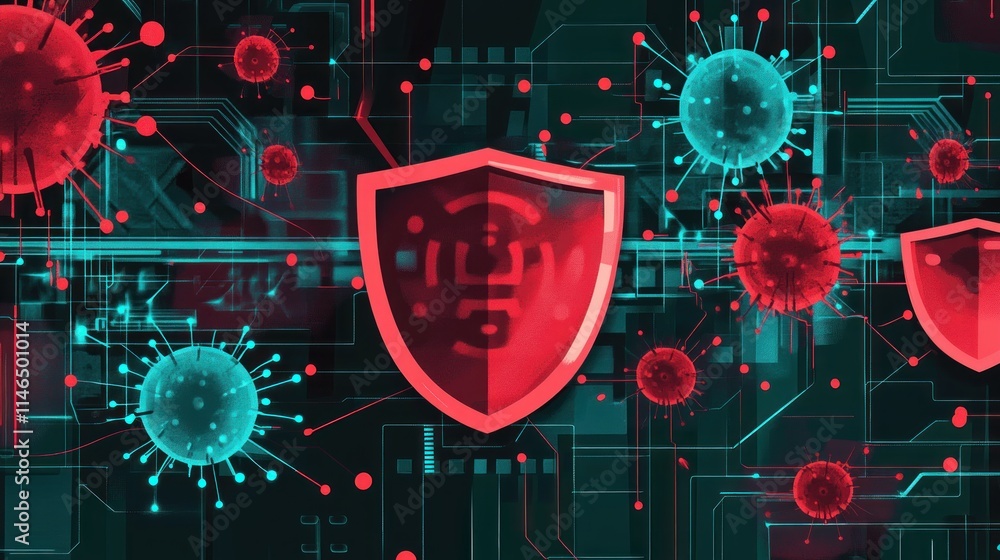 Poster digital security concept featuring shields and virus imagery in a tech-inspired design.
