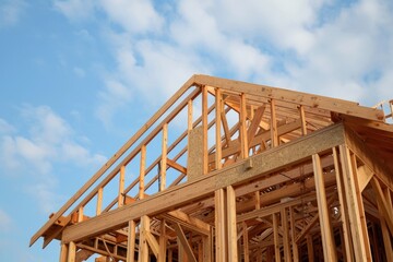 Obraz premium New Home Construction: Framing Against the Sky. Wooden Framework in Suburban Build Site