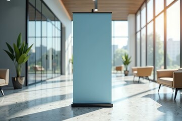 Modern vertical banner mockup on a black metal stand in a contemporary office lobby with minimalistic wooden furniture, glass surfaces, and natural window light creating soft shadows