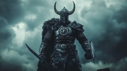Cyber Barbarian: Futuristic Viking Robot Knight with Horned Helmet and Sword Under a Dark Sky