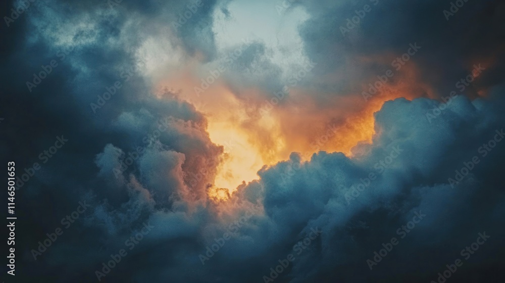 Poster dramatic clouds illuminated by sunset, creating a striking contrast in the sky.