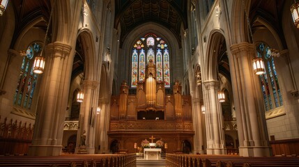 Fototapeta premium Majestic Church Interior Featuring Stained Glass and Ornate Woodwork