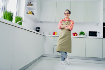 Charming senior woman in apron enjoying daylight in modern kitchen with casual style