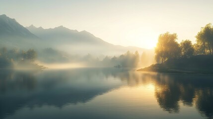 Obraz premium Foggy Morning on a Lake During Sunrise Summer Scene