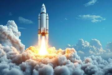 Rocket launch ascending through clouds.