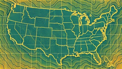 Obraz premium American Travel Map with Topographic Line Contour and Geography on a Green Background