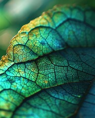 Fototapeta premium Organic Leaf Abstract: Nature's Beauty in Green and Blue Macro Background