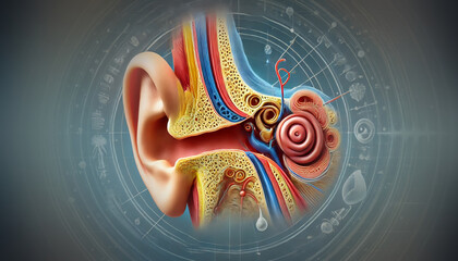 3D medical illustration of the human ear anatomy displaying outer ear, ear canal, and eardrum in a detailed and educational diagram.