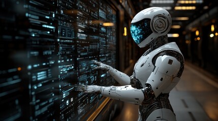 Fototapeta premium A futuristic robot interacting with a digital interface in a high-tech environment.