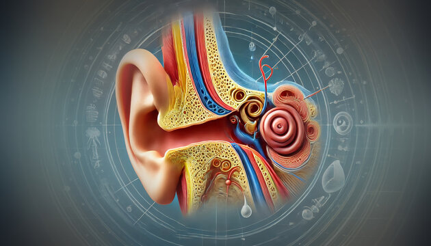 3D medical illustration of the human ear anatomy displaying outer ear, ear canal, and eardrum in a detailed and educational diagram.
