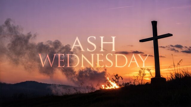 Wooden cross silhouetted against an orange and purple sunset with glowing 'Ash Wednesday' text
