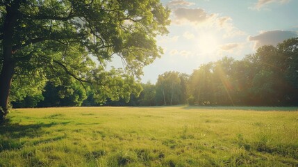 Fototapeta premium Outside Beauty: Fresh Air and Stunning Natural Landscape of Meadow with Green Tree in Sunny Day