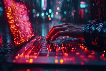 Person typing on laptop in rain at night, glowing keyboard and screen.