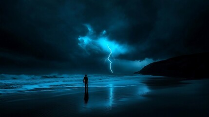 Lone figure on beach facing stormy ocean and lightning.