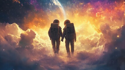 Cosmic Love: Astronaut Couple Holding Hands in Space - Digital Art Illustration
