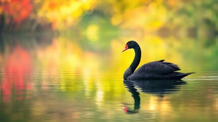 Fototapeta premium A black beautiful swan swims on the lake on a sunny day.