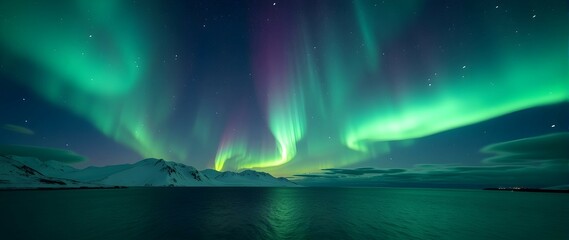 Witness the magic! Emerald Northern Lights dance gracefully above a serene, snow-capped landscape, reflecting in the calm waters below. A breathtaking spectacle!