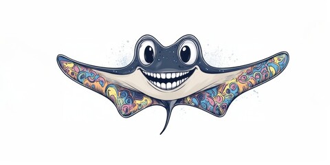 Fototapeta premium A colorful, smiling stingray illustration with vibrant patterns on its wings.