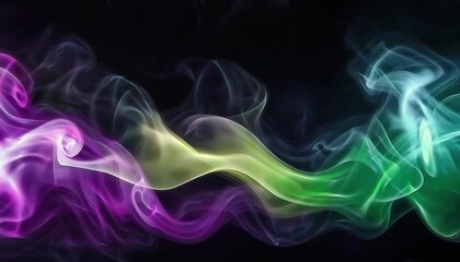 Fototapeta premium Mesmerizing Abstract Smoke Art. Vibrant Waves of Purple, Yellow, and Green Colors Flowing on a Black Background, Perfect for Modern Digital Art, Design Inspiration, and Creative Visual Projects