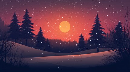 Naklejka premium Snow falling on pine trees during sunset in winter landscape