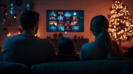 Naklejka premium a family watching digital platform on a small projector in the living room, surrounded by Christmas decorations, 