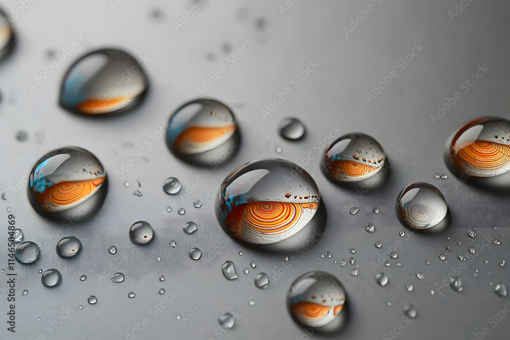 Aufkleber raindrops on a smooth grey surface creating intriguing patterns and reflections