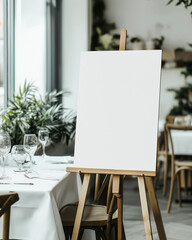 "Blank White Welcome Sign Mockup on Easel at Fine Dining Restaurant