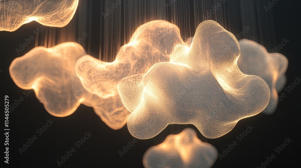 Poster ethereal glowing clouds suspended in darkness, creating a surreal and dreamy atmosphere.