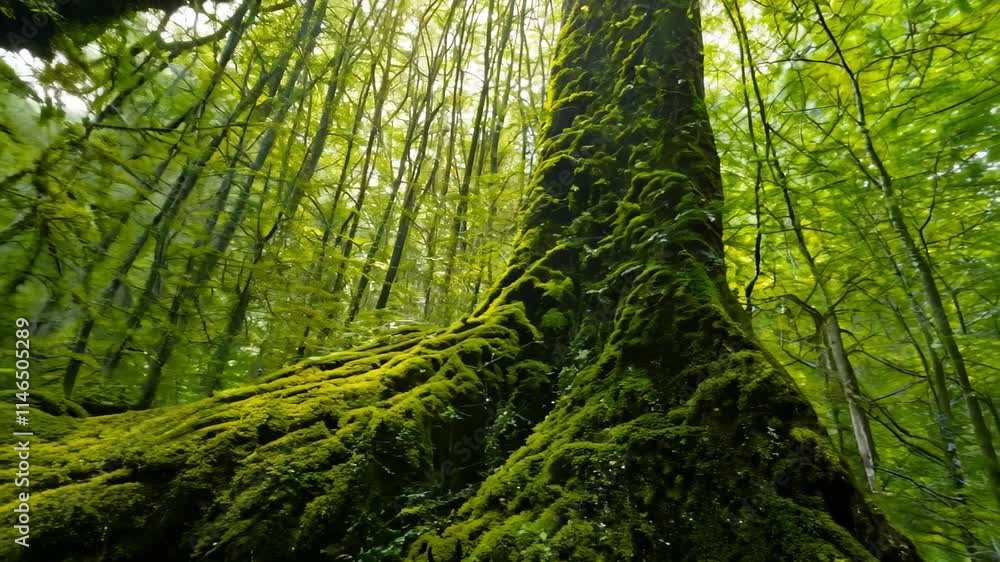 Aufkleber enchanting forest landscape with sunlight filtering through lush trees in a serene environment