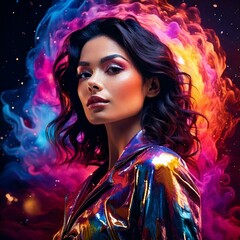 Confident woman in metallic fashion illuminated by vibrant cosmic lights and smoke effects.