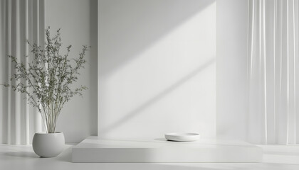 Minimalist White Studio Scene with Plant and Platform