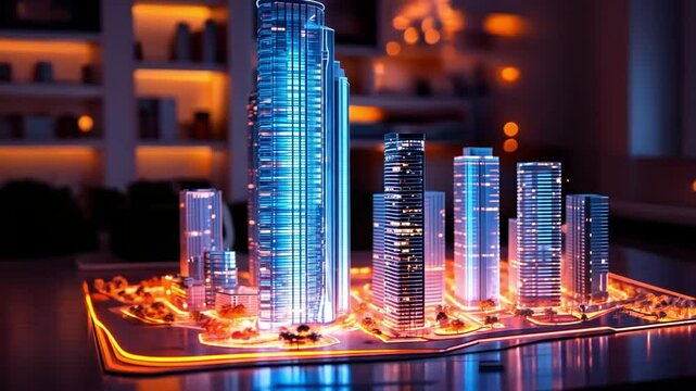 Cityscape Dreams: A miniature model of a modern metropolis bathed in warm light, capturing the ambition and potential of urban development.