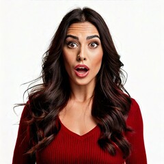 A woman in a red sweater with a shocked expression and hand near her face.