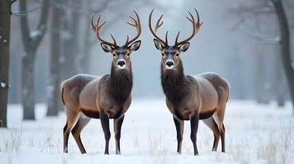 Obraz premium Two majestic bucks stand proudly in a snowy winter forest, their antlers reaching towards a muted sky. A serene, picturesque scene.
