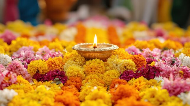 Lit oil lamp amidst vibrant flower arrangement.