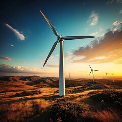 Wind turbines generating renewable energy in a vast open field with a clear sky.
