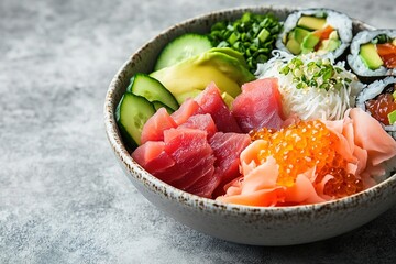 Fresh deconstructed sushi bowl with vibrant colors.